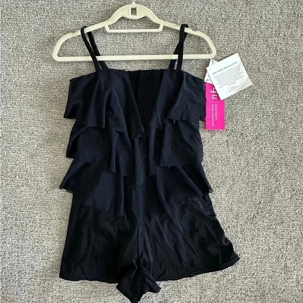 Fit 4 Ur Hips Solid 3 Tier V Hem Mesh Bandeau Romper Swimsuit‎ Size 8 - Picture 4 of 10